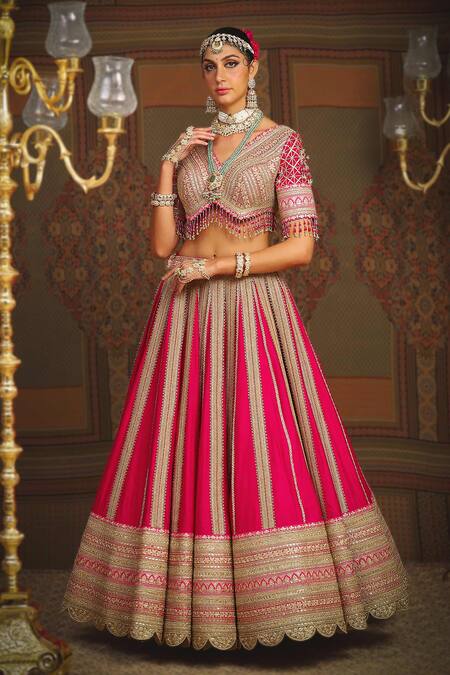Shop_Shikhar Sharma_Pink Silk Chanderi Embroidery Gota V Neck Cypress Vine Bridal Lehenga Set _Online_at_Aza_Fashions