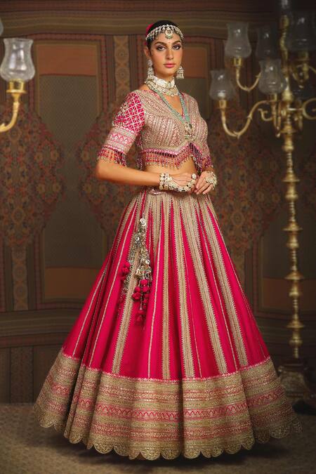Shikhar Sharma_Pink Silk Chanderi Embroidery Gota V Neck Cypress Vine Bridal Lehenga Set _at_Aza_Fashions