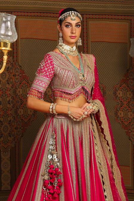 Buy_Shikhar Sharma_Pink Silk Chanderi Embroidery Gota V Neck Cypress Vine Bridal Lehenga Set 