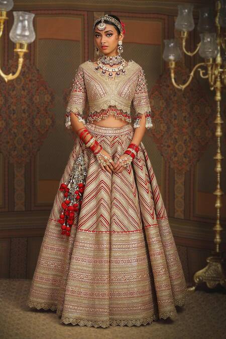 Shikhar Sharma_Red Silk, Net, Taffeta Tassels, Beads Gota And Dori Embroidered Bridal Lehenga Set _Online_at_Aza_Fashions