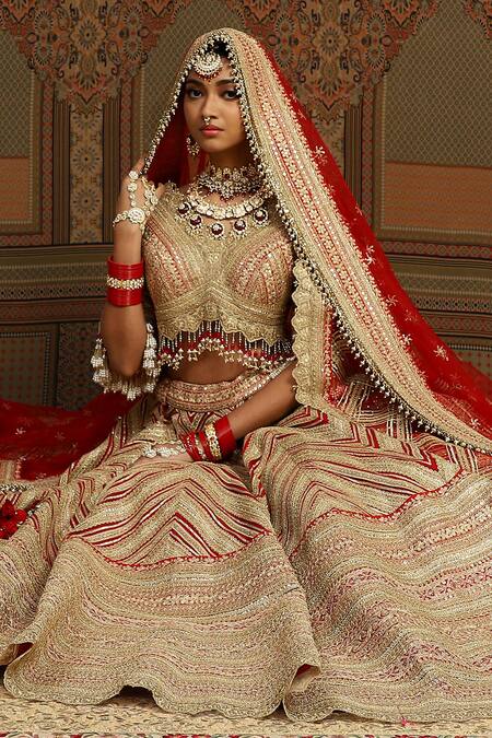 Buy_Shikhar Sharma_Red Silk, Net, Taffeta Tassels, Beads Gota And Dori Embroidered Bridal Lehenga Set _Online_at_Aza_Fashions