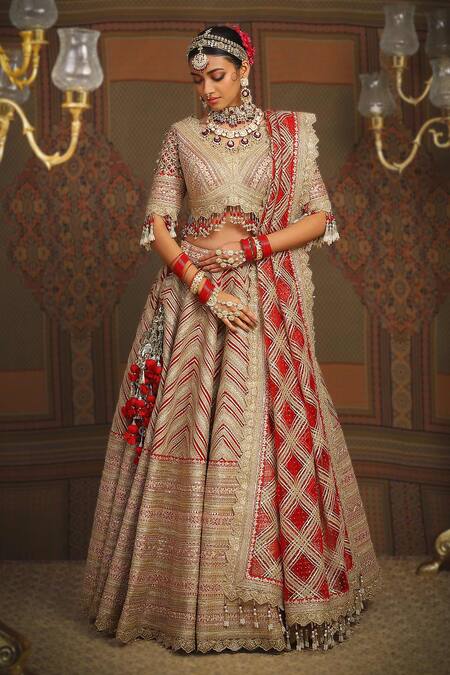 Shop_Shikhar Sharma_Red Silk, Net, Taffeta Tassels, Beads Gota And Dori Embroidered Bridal Lehenga Set _Online_at_Aza_Fashions