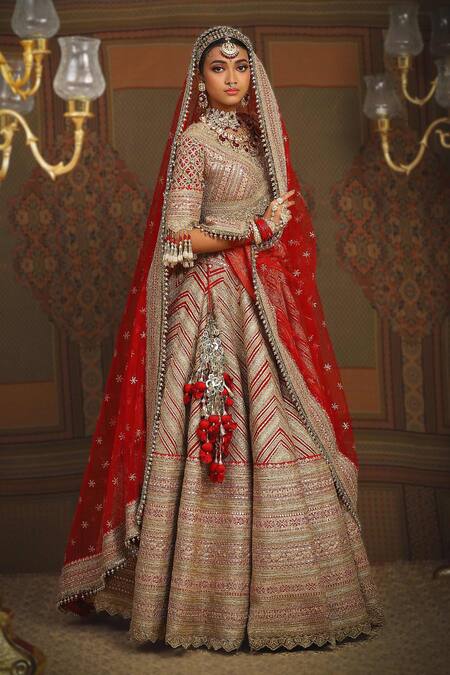 Shikhar Sharma_Red Silk, Net, Taffeta Tassels, Beads Gota And Dori Embroidered Bridal Lehenga Set _at_Aza_Fashions