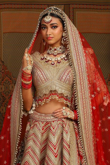 Buy_Shikhar Sharma_Red Silk, Net, Taffeta Tassels, Beads Gota And Dori Embroidered Bridal Lehenga Set 