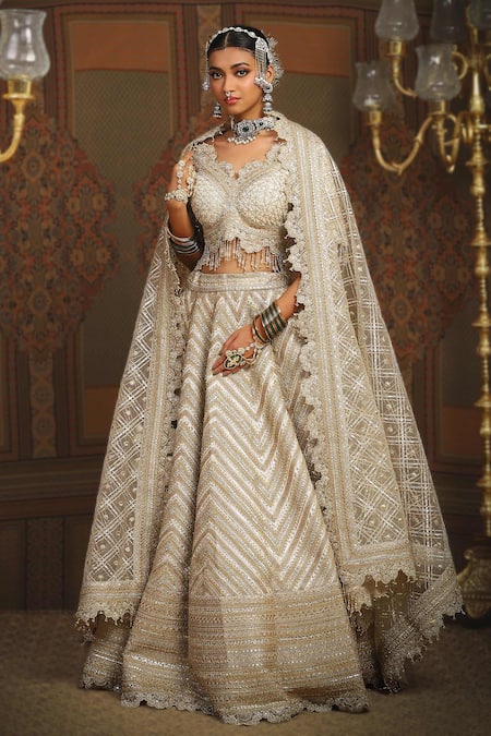 SHIKHAR SHARMA Silver Cotton Simmer Chanderi Embroidery Gota Azure Celeste Bridal Lehenga Set 