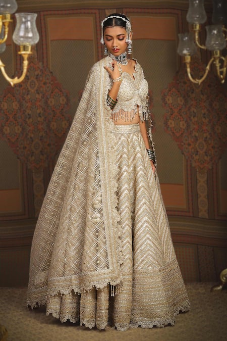 Shikhar Sharma_Silver Chanderi, Net, Cotton, Silk, Azure Celeste Embroidered Bridal Lehenga Set _Online_at_Aza_Fashions