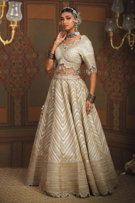 Buy_Shikhar Sharma_Silver Chanderi, Net, Cotton, Silk, Azure Celeste Embroidered Bridal Lehenga Set _Online_at_Aza_Fashions