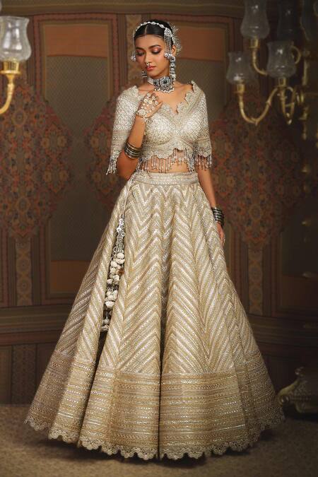 Shop_Shikhar Sharma_Silver Chanderi, Net, Cotton, Silk, Azure Celeste Embroidered Bridal Lehenga Set _Online_at_Aza_Fashions