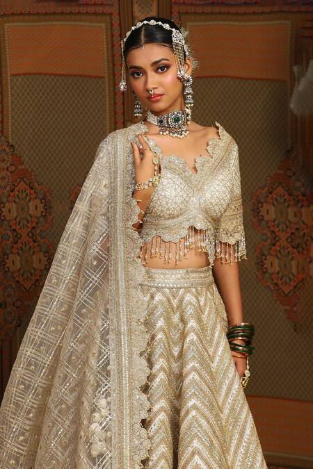 Shikhar Sharma_Silver Chanderi, Net, Cotton, Silk, Azure Celeste Embroidered Bridal Lehenga Set _at_Aza_Fashions