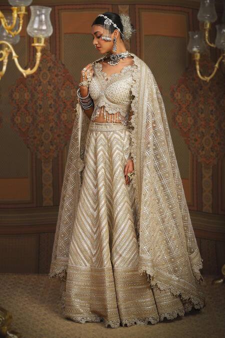 Buy_Shikhar Sharma_Silver Chanderi, Net, Cotton, Silk, Azure Celeste Embroidered Bridal Lehenga Set 