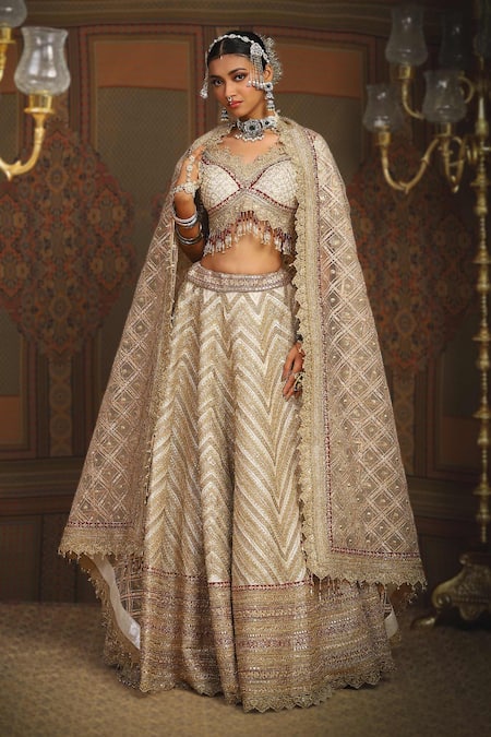 SHIKHAR SHARMA Silver Cotton Simmer Chanderi Embroidery Insignia And Dori Bridal Lehenga Set 