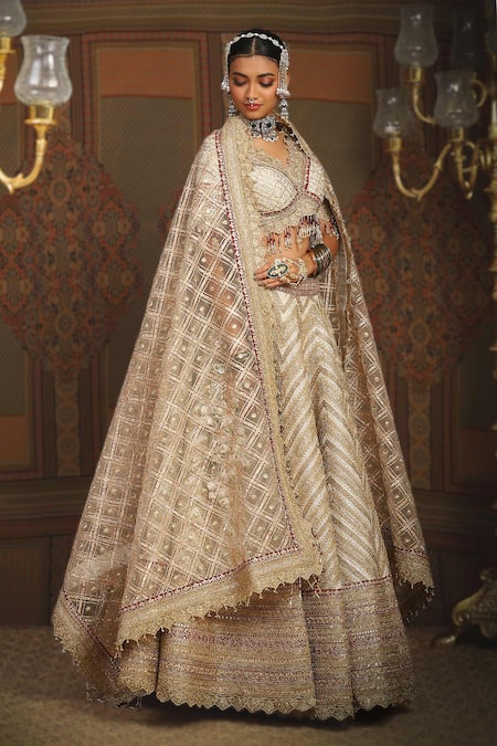 Buy_Shikhar Sharma_Silver Cotton, Net, Silk Insignia Gota And Dori Embroidered Bridal Lehenga Set _Online_at_Aza_Fashions
