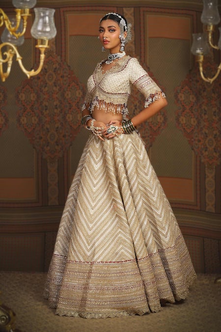 Shop_Shikhar Sharma_Silver Cotton, Net, Silk Insignia Gota And Dori Embroidered Bridal Lehenga Set _Online_at_Aza_Fashions