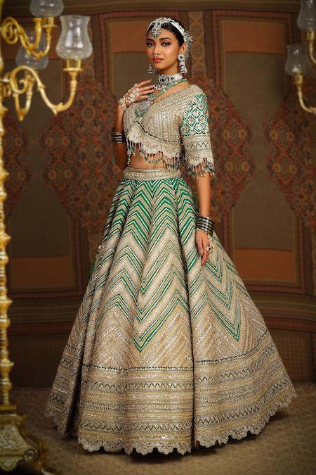 Shikhar Sharma Green Silk, Chanderi, Net Tassels, Mystic Chevron Embroidered Bridal Lehenga Set Online at Aza Fashions Shikhar Sharma_Green Silk, Chanderi, Net Tassels, Mystic Chevron Embroidered Bridal Lehenga Set _Online_at_Aza_Fashions