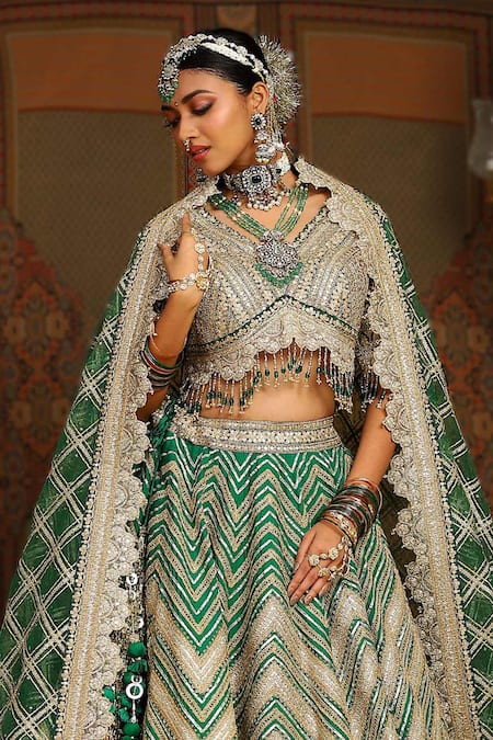 Buy Shikhar Sharma Green Silk, Chanderi, Net Tassels, Mystic Chevron Embroidered Bridal Lehenga Set Online at Aza Fashions Buy_Shikhar Sharma_Green Silk, Chanderi, Net Tassels, Mystic Chevron Embroidered Bridal Lehenga Set _Online_at_Aza_Fashions