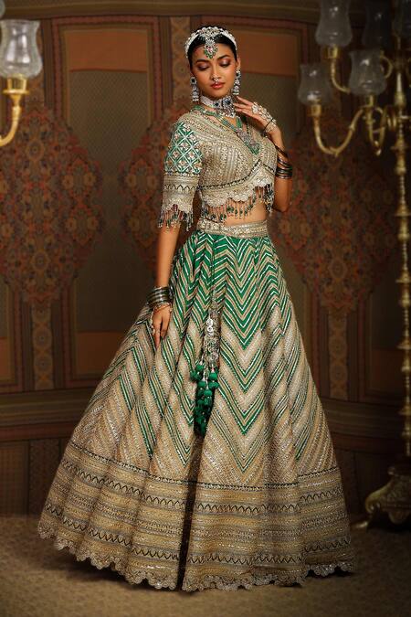 Shop Shikhar Sharma Green Silk, Chanderi, Net Tassels, Mystic Chevron Embroidered Bridal Lehenga Set Online at Aza Fashions Shop_Shikhar Sharma_Green Silk, Chanderi, Net Tassels, Mystic Chevron Embroidered Bridal Lehenga Set _Online_at_Aza_Fashions