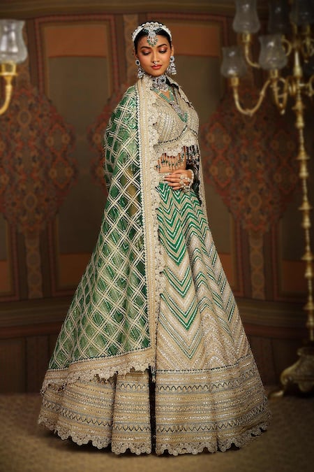 Shikhar Sharma Green Silk, Chanderi, Net Tassels, Mystic Chevron Embroidered Bridal Lehenga Set at Aza Fashions Shikhar Sharma_Green Silk, Chanderi, Net Tassels, Mystic Chevron Embroidered Bridal Lehenga Set _at_Aza_Fashions