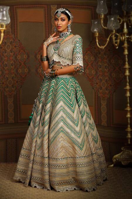 Buy Shikhar Sharma Green Silk, Chanderi, Net Tassels, Mystic Chevron Embroidered Bridal Lehenga Set Buy_Shikhar Sharma_Green Silk, Chanderi, Net Tassels, Mystic Chevron Embroidered Bridal Lehenga Set