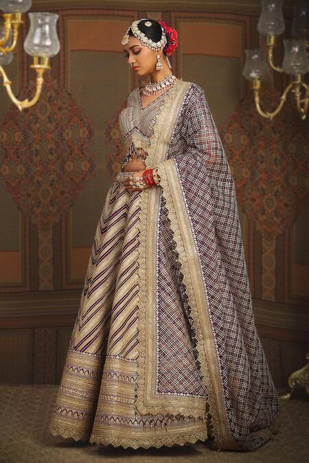 Shikhar Sharma_Purple Silk, Taffeta, Net, Chanderi Chevron Embroidered Bridal Lehenga Set _Online_at_Aza_Fashions
