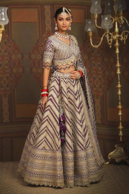 Buy_Shikhar Sharma_Purple Silk, Taffeta, Net, Chanderi Chevron Embroidered Bridal Lehenga Set _Online_at_Aza_Fashions