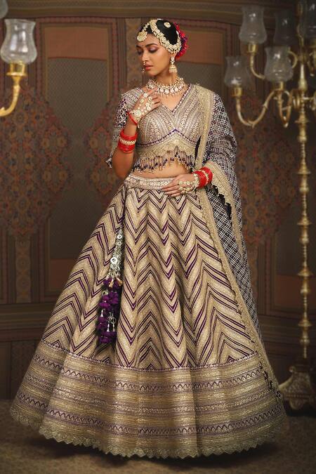Shop_Shikhar Sharma_Purple Silk, Taffeta, Net, Chanderi Chevron Embroidered Bridal Lehenga Set _Online_at_Aza_Fashions