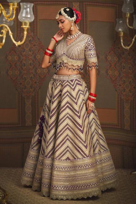 Shikhar Sharma_Purple Silk, Taffeta, Net, Chanderi Chevron Embroidered Bridal Lehenga Set _at_Aza_Fashions