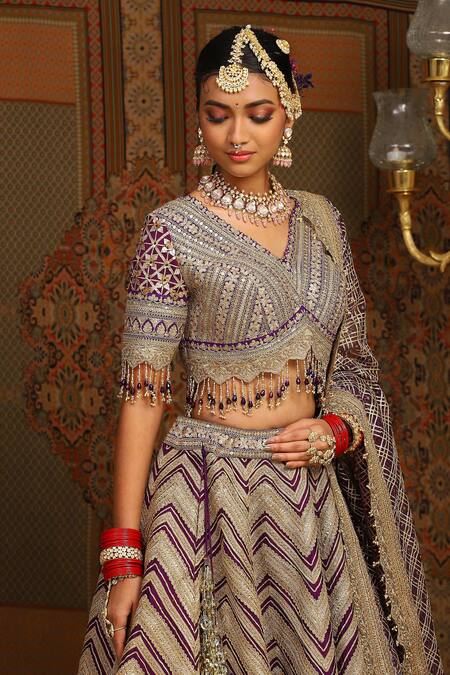 Buy_Shikhar Sharma_Purple Silk, Taffeta, Net, Chanderi Chevron Embroidered Bridal Lehenga Set 