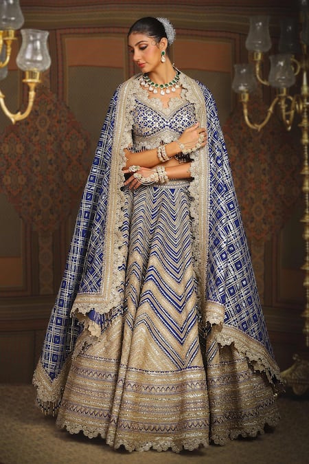 SHIKHAR SHARMA Blue Silk Chanderi Embroidery Gota Paan Neck Zig Zag Bridal Lehenga Set 