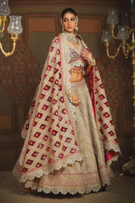 Shikhar Sharma_Gold Silk, Net, Chanderi Beads, Tassels Dori Embroidered Bridal Lehenga Set _Online_at_Aza_Fashions