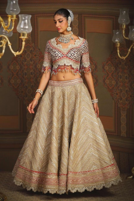 Shop_Shikhar Sharma_Gold Silk, Net, Chanderi Beads, Tassels Dori Embroidered Bridal Lehenga Set _Online_at_Aza_Fashions
