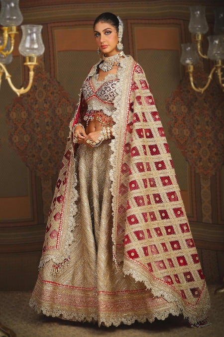 Buy_Shikhar Sharma_Gold Silk, Net, Chanderi Beads, Tassels Dori Embroidered Bridal Lehenga Set 