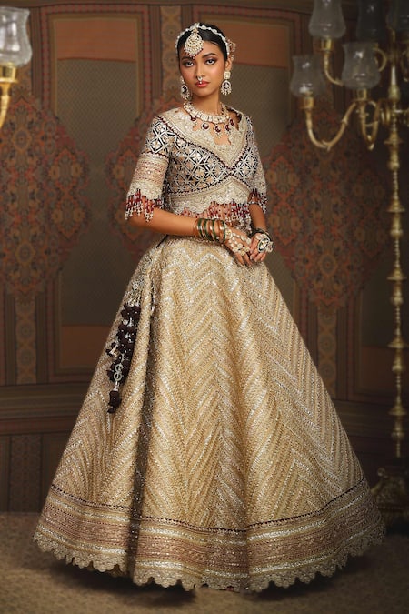 Buy Shikhar Sharma Gold Silk, Chanderi, Net Beads, Helix Zig Zag Embroidered Bridal Lehenga Set Online at Aza Fashions Buy_Shikhar Sharma_Gold Silk, Chanderi, Net Beads, Helix Zig Zag Embroidered Bridal Lehenga Set _Online_at_Aza_Fashions