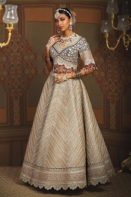 Shop Shikhar Sharma Gold Silk, Chanderi, Net Beads, Helix Zig Zag Embroidered Bridal Lehenga Set Online at Aza Fashions Shop_Shikhar Sharma_Gold Silk, Chanderi, Net Beads, Helix Zig Zag Embroidered Bridal Lehenga Set _Online_at_Aza_Fashions