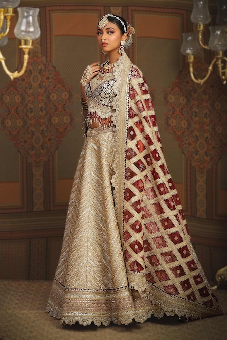 Shikhar Sharma Gold Silk, Chanderi, Net Beads, Helix Zig Zag Embroidered Bridal Lehenga Set at Aza Fashions Shikhar Sharma_Gold Silk, Chanderi, Net Beads, Helix Zig Zag Embroidered Bridal Lehenga Set _at_Aza_Fashions