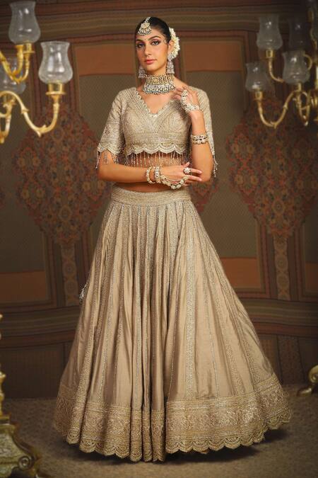 Shop_Shikhar Sharma_Gold Silk Chanderi Embroidery Gota Gardenia Badla And Dori Bridal Lehenga Set 