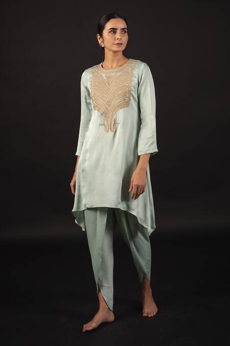 Buy_Avaasya Jaipur_Green Modal, Satin, Cotton Zari Round Neck Embroidered Kurta And Dhoti Pant Set _Online_at_Aza_Fashions