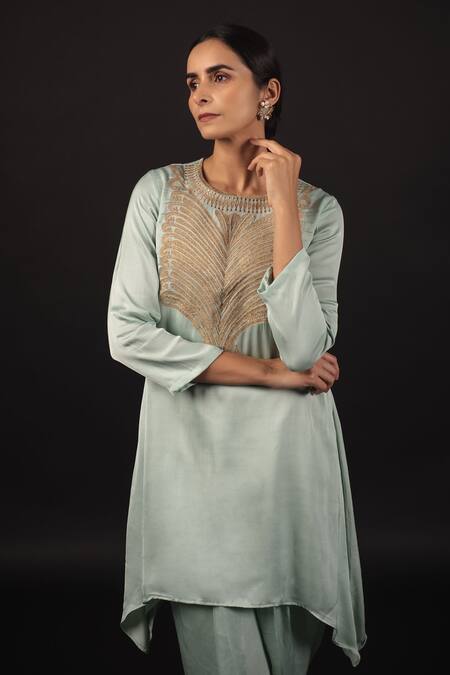 Shop_Avaasya Jaipur_Green Modal, Satin, Cotton Zari Round Neck Embroidered Kurta And Dhoti Pant Set _Online_at_Aza_Fashions