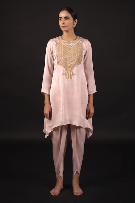 Avaasya Jaipur_Pink Modal, Satin Zari Round Neck Embroidered Kurta With Dhoti Pant Set _Online_at_Aza_Fashions