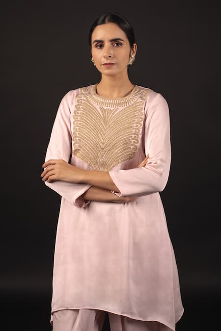 Buy_Avaasya Jaipur_Pink Modal, Satin Zari Round Neck Embroidered Kurta With Dhoti Pant Set _Online_at_Aza_Fashions