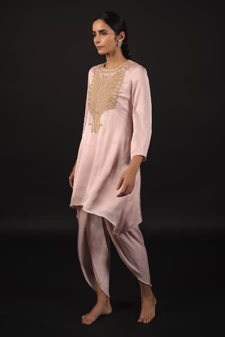 Avaasya Jaipur_Pink Modal, Satin Zari Round Neck Embroidered Kurta With Dhoti Pant Set _at_Aza_Fashions