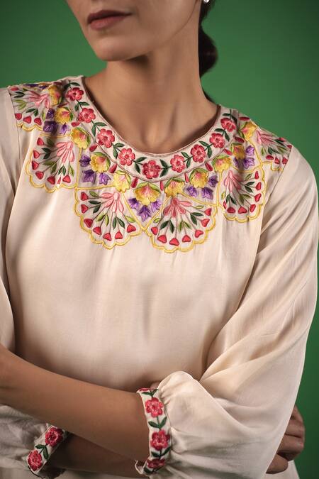 Shop_Avaasya Jaipur_Ivory Modal, Satin, Cotton Embroidery Round Neck Floral Kurta And Dhoti Pant Set _Online_at_Aza_Fashions
