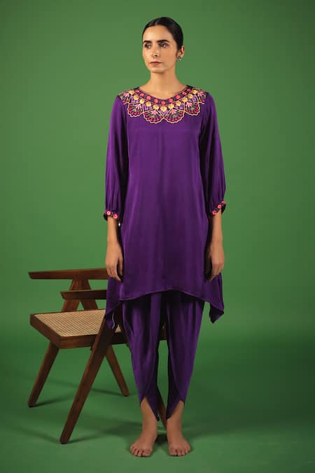 Avaasya Jaipur_Purple Modal, Satin, Cotton Embroidery Round Neck Resham Kurta And Dhoti Pant Set _Online_at_Aza_Fashions
