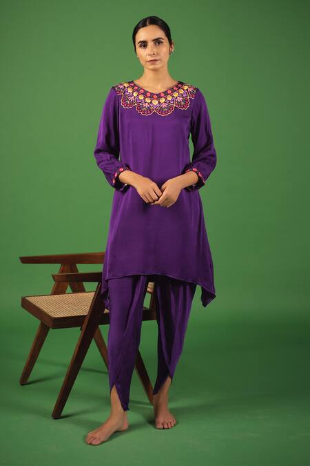 Shop_Avaasya Jaipur_Purple Modal, Satin, Cotton Embroidery Round Neck Resham Kurta And Dhoti Pant Set _Online_at_Aza_Fashions