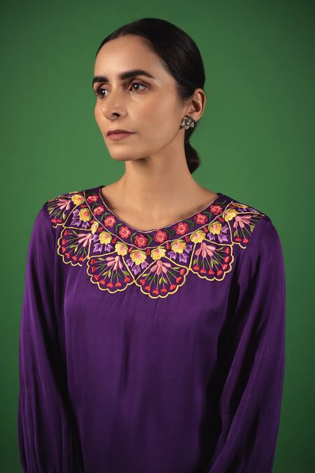 Avaasya Jaipur_Purple Modal, Satin, Cotton Embroidery Round Neck Resham Kurta And Dhoti Pant Set _at_Aza_Fashions