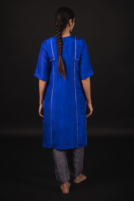 Shop_Avaasya Jaipur_Blue Kurta- Habutai Silk Appliques Gota Patti Round Work And Pant Set  _at_Aza_Fashions