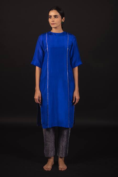Avaasya Jaipur_Blue Kurta- Habutai Silk Appliques Gota Patti Round Work And Pant Set  _Online_at_Aza_Fashions