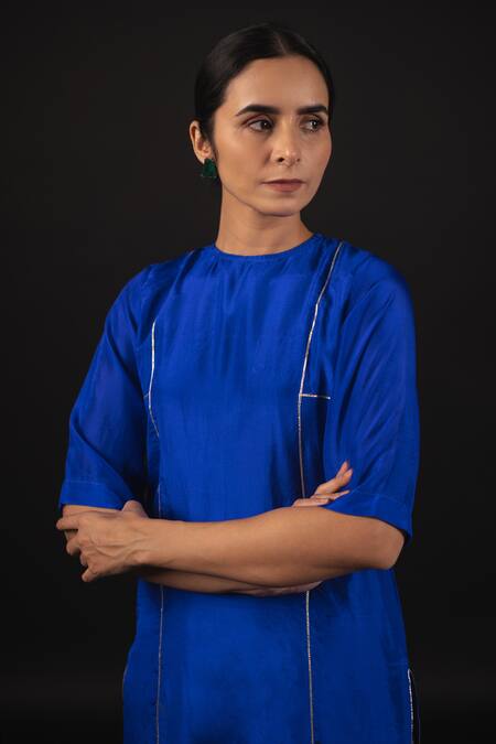 Shop_Avaasya Jaipur_Blue Kurta- Habutai Silk Appliques Gota Patti Round Work And Pant Set  _Online_at_Aza_Fashions