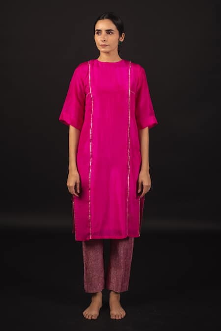 Avaasya Jaipur_Pink Silk, Tissue Gota Patti Round Neck Work Straight Kurta With Pant _Online_at_Aza_Fashions
