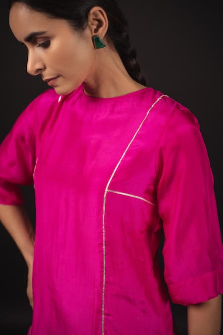 Buy_Avaasya Jaipur_Pink Silk, Tissue Gota Patti Round Neck Work Straight Kurta With Pant _Online_at_Aza_Fashions