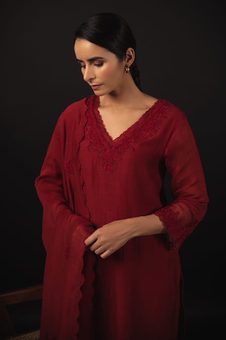 Shop_Avaasya Jaipur_Red Handloom Cotton, Linen, Chanderi Embroidery V-neck Kurta Set _Online_at_Aza_Fashions